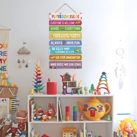 KAIRNE Playroom Rules Wood Sign Hanging Wall Art,Everyone is Welcome Inspirational Quotes Wall Decor for Kids Room,Colorful Rainbow Color Wooden Plaque for Childrens Bedroom Decoration