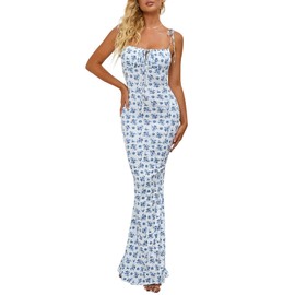 KUTUMAI Women's Summer Floral Bodycon Maxi Dress Spaghetti Strap Sleeveless Boho Long Dresses White XL