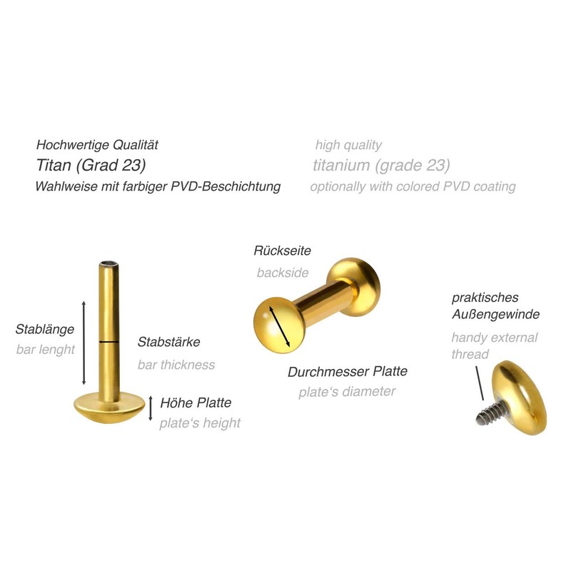 PIERCINGLINE Titanium Labret Stud Internal Thread Flat Disc Piercing Lip