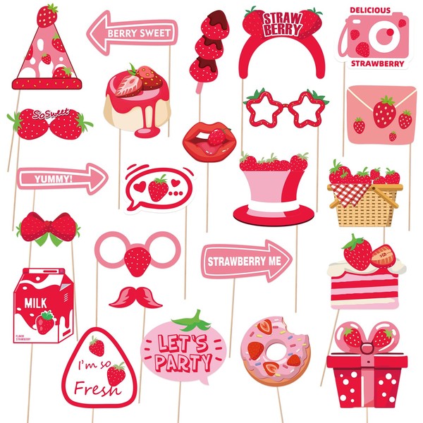 SKIRUP Strawberry Photo Booth Props, 24 Pieces with Sticks, Berry