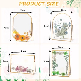 Yalikop 4 Pcs Double Glass Frame for Pressed Flowers Handmade with 72 Dried Flowers, Metal Floating Picture Frame for Pressed Flower, Tabletop Display, Brass, 4 Styles, Gold, 5x7 Inch, 6x8 Inch