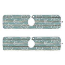 Anchor Nautical Theme Faucet Water Catcher Mat 2 Pack Blue Turquoise Wooden Print Drying Mat Absorbent Bathroom Faucet Handle Drip Catcher Tray Bar Kitchen Sink Splash Guard 23x5 Inches