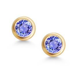 Gem Stone King 14K Yellow Gold Blue Tanzanite Stud Earrings For Women Men (0.60 Cttw, Gemstone Birthstone, Round 4MM)