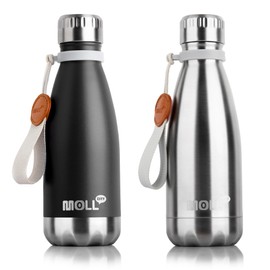 Mollcity 12 oz Water Bottle Stainless Steel Double Wall Vacuum Insulated Sports Water Bottle for Kids, Small Mini Cola Shape Water Bottle Leak Proof (Black-Silver)