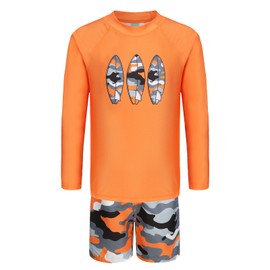 Zestonie Big Boys Two Piece Rash Guard Swimsuits Set with Swim Trunk Kids Long Sleeve Bathing Suit Swimwear Set Camo Orange Size 10/8-10 Years