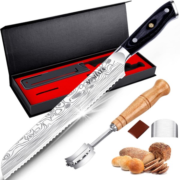 MOSFiATA 8" Serrated Bread Knife Ultra-Sharp Professional Grade Bread Cutter with Sheath ,Bread Lame Included 5 Blades and Leather Protective Cover , German High Carbon Stainless Steel EN.4116 with Micarta Handle and Gift Box for homemade bread