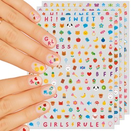 IDDFEVE Mini Nail Stickers for Kids - 800 Pcs Birthday Little Girl Party Favors, Cute 3D Self-Adhesive Flowers, Animals, Fruits Designs - DIY Home Nail Art Decals for Toddler Easter Basket (4 Sheets)