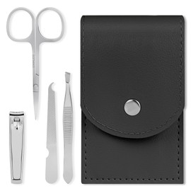 LOPHE Professional Manicure Set, 4pcs Portable Nail Clippers & Eyebrow Grooming Kit, Stainless Steel Nail Care Tools with Luxurious Leather Case for Travel & Home(Black)