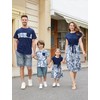 PATPAT Family Matching Dark Blue Plant Print Belted Spliced Dresses