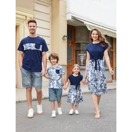 PATPAT Family Matching Dark Blue Plant Print Belted Spliced Dresses for Mother and Daughter Toddler Girl 3-4 Years