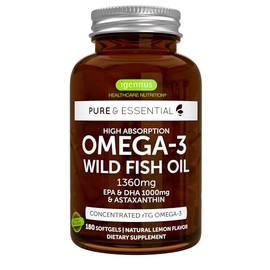 Pure & Essential Super Concentrated rTG Omega 3 1000mg, Wild Fish Oil 1000mg EPA DHA, 2:1 Ratio, Non-GMO, Astaxanthin 1mg, Lemon Flavor, 180 Capsules