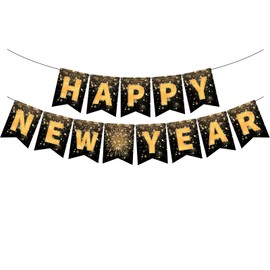 Happy New Year Banner 2025 | Black Happy New Year Decorations 2025 Banner | Hanging Bunting for New Year's Eve Party Supplier Decorations| New Years Eve Party Supplies 2025