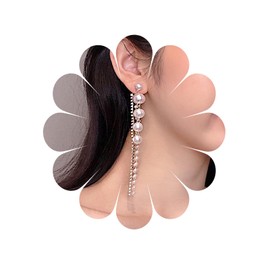 Dangly Pearl Necklace Tassel Drop Earrings Long Diamond Chain Earrings for Women Girls, Cubic Zirconia, Cubic Zirconia