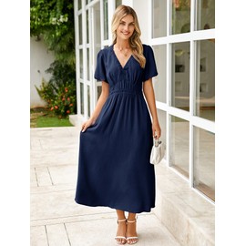 Simplee Women's Summer Flowy Midi Dress Casual V Neck Short Sleeve Empire Waist Boho Beach Dress Wedding Guest Maxi Dress Navy Blue,L