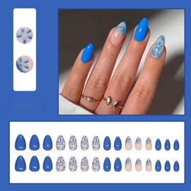 SXVME French Tip False Nails Short Almond, Cute Blue Floral Press on Nails Natural Nude Fake Nails Full Cover Glossy Acrylic Nails for Women Daily Wear 30 Pcs