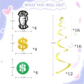 24pcs Money Themed Hanging Swirl Decorations, Dollar Bill Signs Ceiling Whirl Streamer Hanging Banner, Gold Money Hanging Swirls for Casino Party Decoration