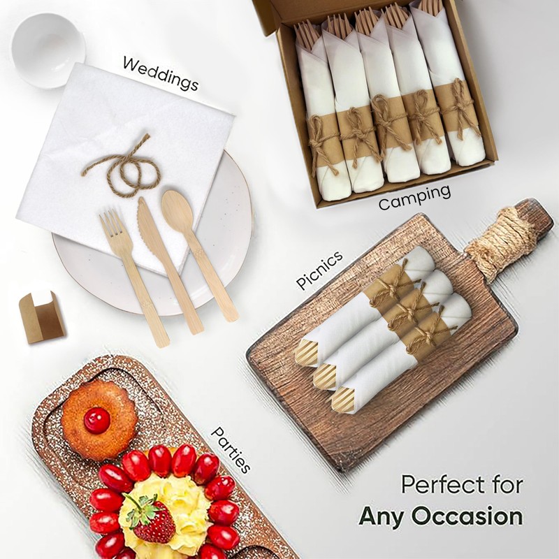 EcoPreps Premium Pre Rolled Napkin and Bamboo Cutlery Set (10