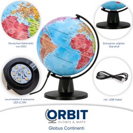 ORBIT Globes & Maps - Student Globe - 16 cm Mini Light Globe with Sturdy Black Base, Map Picture 2025 Political with LED Light, Current German Map Image