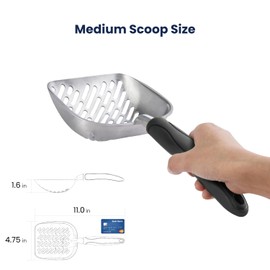 WePet Cat Litter Scoop, Aluminum Alloy Sifter, Kitty Metal Scooper, Deep Shovel with Diagonal Sifting Hole, Long Handle, Kitten Poop Lifter for Litter Box, Medium Size, Black Handle