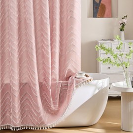 Siiluminisoy Extra Long Pink Boho Shower Curtain with White Tassel, Woven Fabric 96 in Curtain, Tufted Chevron Striped, 72x96, Modern Chic Textured Minimalist Cute for Bathroom