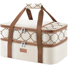 Lifewit Double Decker Insulated Casserole Carrier for Hot or Cold Food, Casserole Dish Bag Carrying Case, Lasagna Lugger Holder for Potluck/Parties/Picnic/Cookouts, Fits 9"x13" Baking Dish, Cream