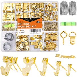 KURUI 303Pcs Picture Hanging Kit, Picture Hangers Assorted Kit with Heavy Duty Picture Hanging Hooks/Hardware Nails/Sawtooth/Wire/D Rings/Level, Metal Picture Wall Hooks for Frame Canvas Mounting