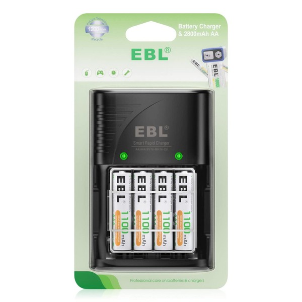 EBL Paquete de 4 pilas recargables AAA de 1100 mAh y cargador inteligente de baterías con enchufe de pared AC para baterías recargables AA, AAA y 9V Ni-MH Ni-CD