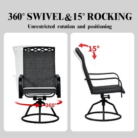 Set of 2 Patio Swivel Dinning Chairs: 360°Swivel & 15° Rocking Motion, Ergonomic High-Back with Weatherproof Teslin Fabric & Metal Frame for Backyard, Poolside, Garden & Porch (2, Grey)