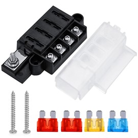 4-Way Blade Fuse Block 12 V Fuse Holder Fuse Carrier with 4 x Standard Blade Fuses (5A 10A 10A 15A) for Automobile, Car, Truck, Boat, Marine, Motorhome