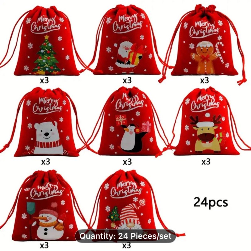 24 Pack Christmas Drawstring Gift Bags, 5x3.5", Candy, Small Gifts,