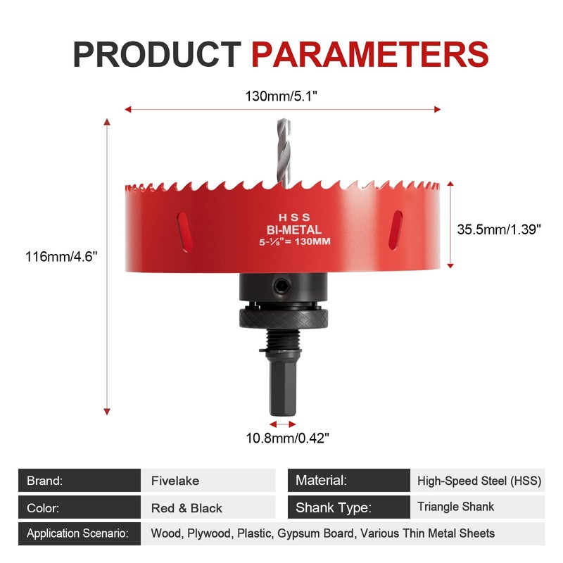 Fivelake 5-1/8 Inch M42 HSS Hole Saw - 130mm Bi-Metal