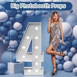 Marquee Numbers Silver Birthday Decorations: Large 4 Feet Tall Light Up Numbers 4th 40th Party Decor Big Mosaic Cardboard Number 4