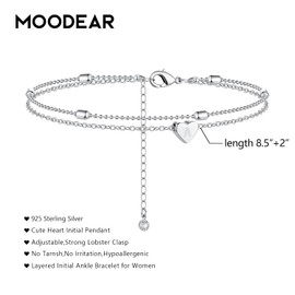 Moodear Silver C Initial Ankle Bracelets for Women - Waterproof Layered Sterling Silver Anklets Dainty Heart Charm Letter Anklet for Her