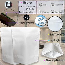 YINGZON 100 Pack Soft-Touch Mylar Bags, 5 x 4 inchs Premium Smell Proof Bag with Double-sided Matte White, Resealable Food Storage Aluminum Foil Stand-up Packaging Bags.