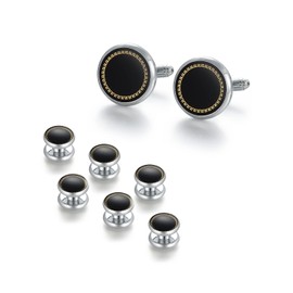 Wynameleri Cufflinks & Studs Set 1Pair Cufflinks & 3Pair Tuxedo Studs, Mens Jewelry Kit with G-ift Box- Black Goldline & Silver Shirt Studs and Cufflinks Jewellery Cufflinks for Mens Fathers Day