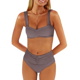 ANRABESS - Traje de baño para mujer, con control de abdomen, 2025, frente a la playa, cintura media, fruncida, con correas ajustables, Café, X-Large