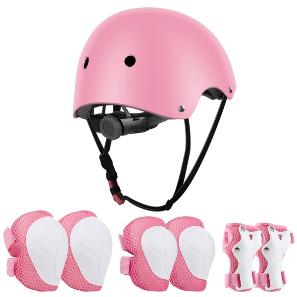 Jim's Store Kids Bike Helmet for 3-10 years old Helmet and Knee Pads Set Adjustable Elbow &Wrist Pads Protective Gear Set for Skateboard Scooter Cycling Roller Skating Boys Girls(Pink)