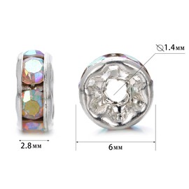 200PCS Rondelle Spacer Beads 6MM Silver Plated Round Colorful AB Crystal Rhinestone Loose Beads for Jewelry Making Necklaces Bracelets Earrings DIY (AB Crystal-Silver, 6MM)