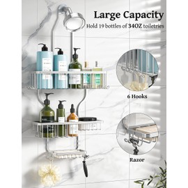YASONIC Shower Caddy Hanging - Never Rust Shower Organizer - Aluminum Over The Shower Head Caddy with 10 Hooks for Razor/Sponge - Shower Rack with Soap Basket - Silver