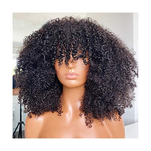 Afro Kinky Curly Wig With Bangs Full Machine Made Scalp Top Wig 200 Density Virgin Brazilian Short Curly Human Hair Wigs Natural Color 14 inch
