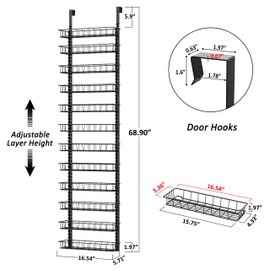 Churboro Over the Door Pantry Organizer Rack with 12 Adjustable Baskets, 12 Tiers Dual-use Spice Rack- Hanging or Wall Mount Spice Rack, Pantry Door Organizer, Black