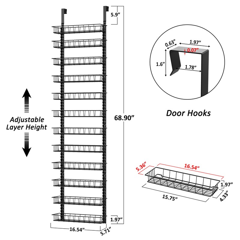 Churboro Over the Door Pantry Organizer Rack with 12 Adjustable