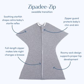 SleepingBaby Zipadee-Zip Transition Swaddle - Cozy Baby Swaddle Blanket with Zipper Convenience - Roomy Wearable Blanket for Easy Diaper Changes - Heather Grey, X-Small (3-6 Month)