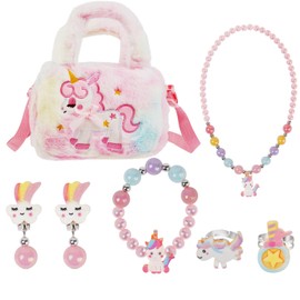 OSDUE Unicorn Bag Jewellery Gift, Unicorn Crossbody Bag Purse with Jewelry Set, Unicorn Princess Necklace Bracelet Rings Earrings, Princess Role Play Dress Up Jewelry (Square Unicorn Crossbody Bag)
