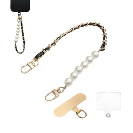 KEESOO Original Korean Chic Pearl Gold Leather Phone Charm, Versatile with Premium Gold Metal Phone Tab (Classic Black)
