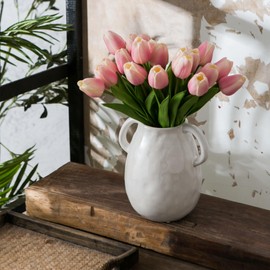 Sowlvenco Ceramic Vase for Home Decor, Rustic Pottery Flower Vase with 2 Handles, Vintage Terracotta Decorative Vases for Flowers, Dried Flower, Centerpieces for Dining Table, 7 Inch, White