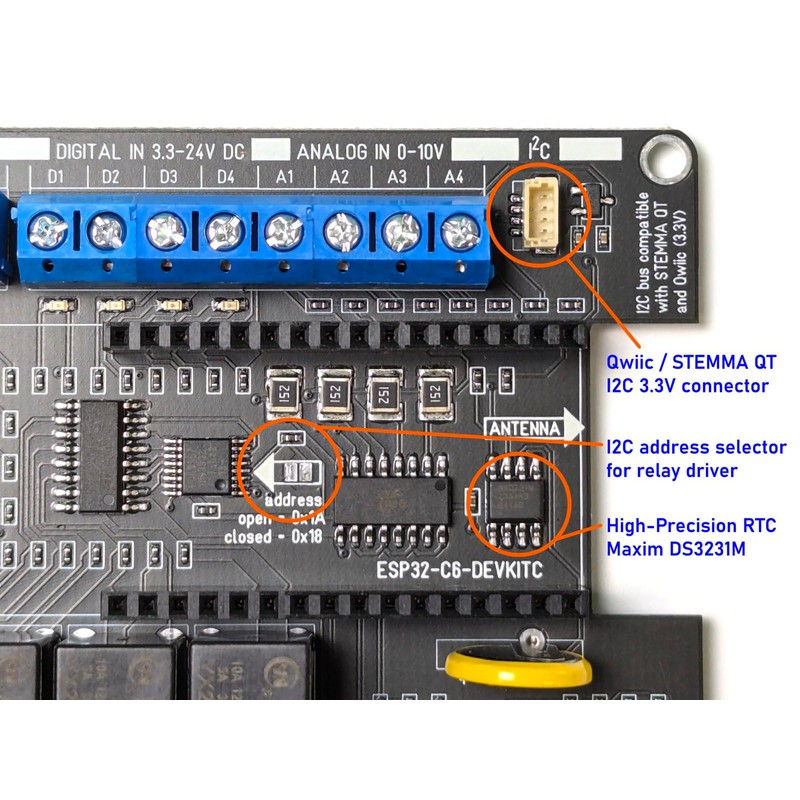 CANADUINO® ESP32 PLC-100 for Espressif ESP32-C6-DevKitC, Compatible with Arduino -