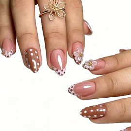 Uñas postizas cortas almendradas OCTOSWAVE con diseños florales 3D, lunares marrones y punta francesa, acrílicas para mujer, ideales para fiestas y bo