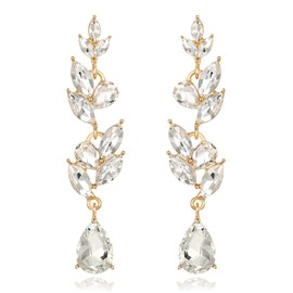 EVER FAITH Leaf Earrings Wedding Crystal Dangle Drop Marquise Art Deco Rhinestone Chandelier Earrings for Women Blue Gold Tone, Crystal