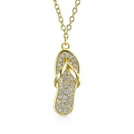 Tropical Vacation Nautical Pave CZ Accent Flip Flop Sandal Pendant Necklace For Women For Teen 14K Gold Plated .925 Sterling Silver